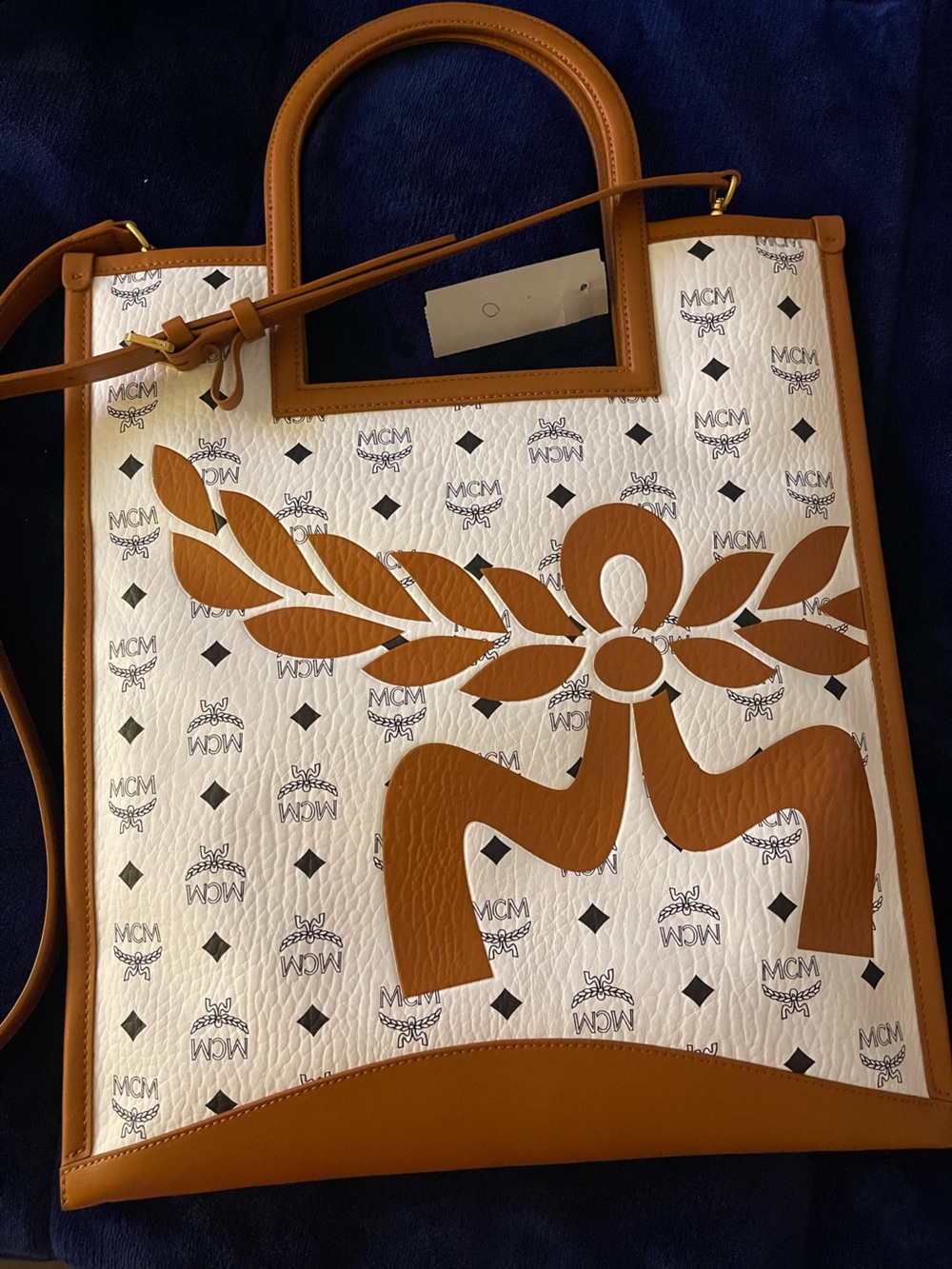MCM White & Cognac Logo Canvas Tote with Laurel Motif